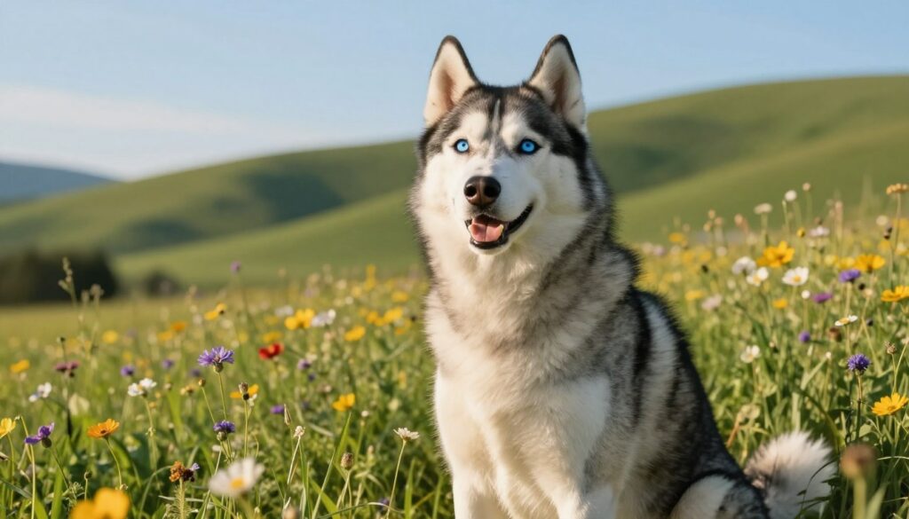 A majestic Siberian Husky sitting gracefully in a lush, sunlit meadow, reflecting the vitality and energy of this breed. In the foreground, the Husky’s striking blue eyes sparkle with intelligence, its thick, fluffy coat shimmering in the warm light. Surrounding it, vibrant wildflowers bloom, emphasizing the beauty of nature. In the middle ground, a backdrop of soft green hills stretches towards a clear blue sky, symbolizing health and longevity. The atmosphere is serene and uplifting, representing the wholesome life of a Husky. The lighting is soft and natural, creating a warm, inviting mood. The perspective is slightly low, allowing the viewer to appreciate the dog's beauty and the tranquil environment while highlighting the theme of longevity and health determinants in dogs.