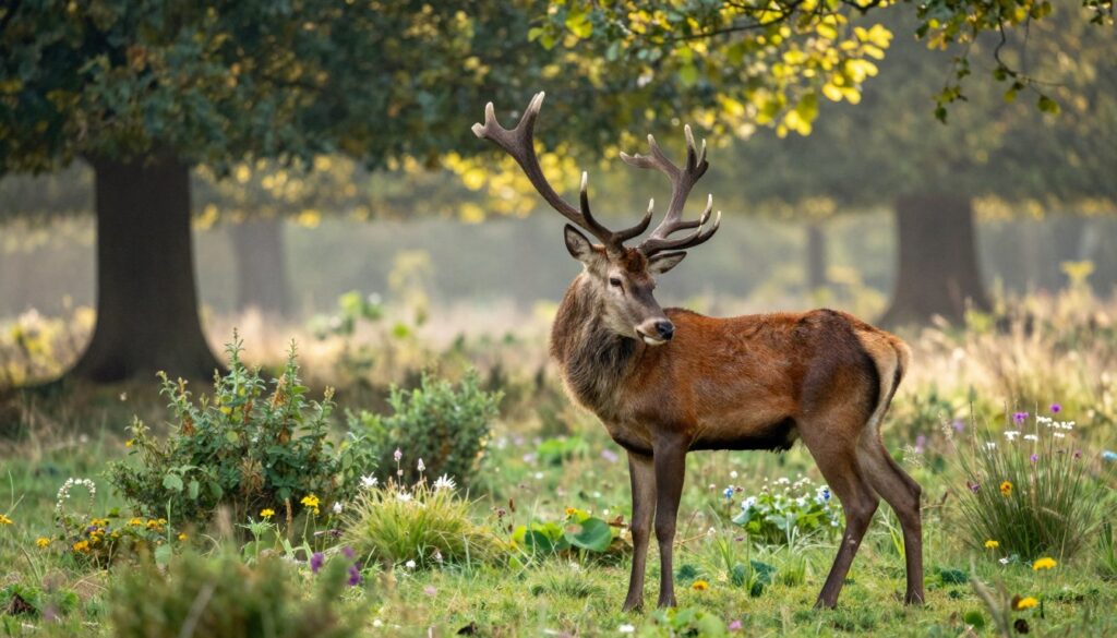 A majestic red deer standing gracefully in a lush, green forest glade during early morning light, with soft rays of sunlight filtering through the leaves, creating a serene atmosphere. The deer, with its impressive antlers and rich, russet-brown fur, is depicted in the foreground, mid-grooming, showcasing its natural behavior. In the middle ground, a variety of native shrubs and wildflowers add color and texture to the scene. The background features towering trees, their leaves shimmering in the gentle breeze, hinting at the seasonal changes of the natural habitat. The overall mood is tranquil and vibrant, capturing the essence of the noble stag in its environment. Shot from a low angle to emphasize the deer’s stature and grace.