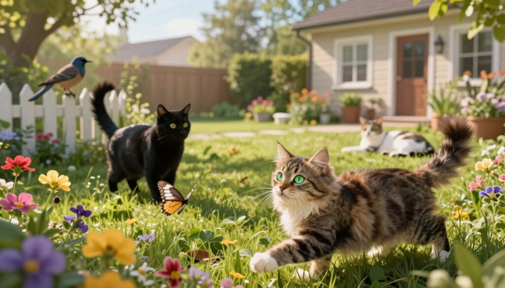 A peaceful suburban scene depicting various cats enjoying their time outdoors. In the foreground, a playful tabby cat with bright green eyes and a fluffy coat is chasing a butterfly among vibrant flowers. In the middle, a curious black cat watches a bird perched on a low fence, while a third cat sprawls lazily in the sun, showcasing the relaxed nature of domestic life. The background features a quaint garden with a cozy house and trees gently swaying in a light breeze. The lighting is warm and inviting, suggesting early morning or late afternoon. The angle is slightly elevated, capturing the playful dynamics of the cats and their surroundings, creating a tranquil and harmonious atmosphere that emphasizes their outdoor lifestyle.