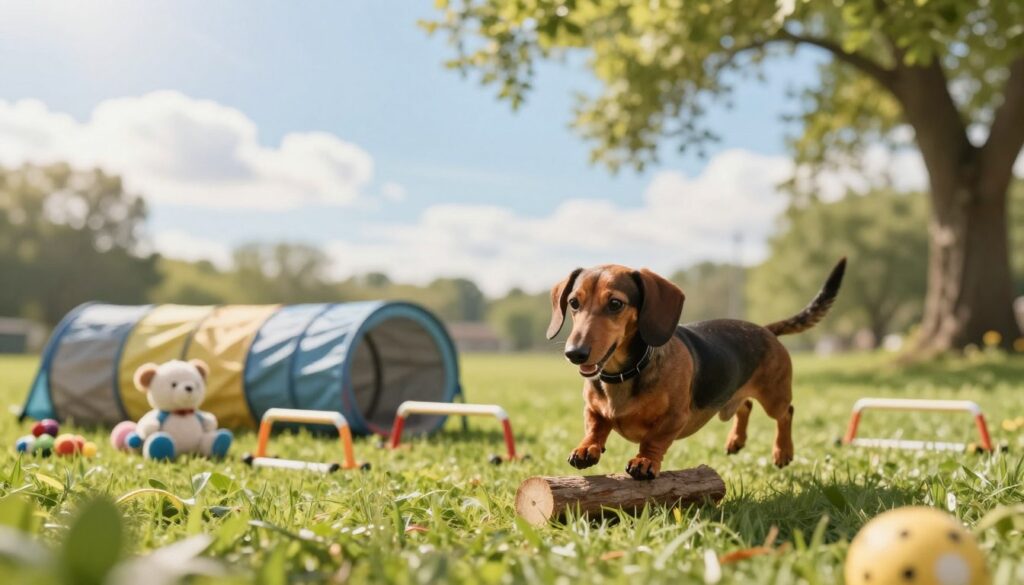A playful dachshund actively engaging in various gentle exercises in a lush, green park setting. In the foreground, the dachshund is balancing on a small log, showcasing its long body and enthusiastic expression. In the middle ground, an array of soft toys and exercise equipment like small hurdles and tunnels are scattered, encouraging safe activities for the dog's spine. The background features a sunny day with a bright blue sky and soft, fluffy clouds, with subtle sun rays filtering through leafy trees, creating a warm and inviting atmosphere. Use a soft focus lens effect to enhance the playful and energetic mood while ensuring the overall scene reflects the joy of movement and the importance of maintaining a healthy lifestyle for the dachshund.