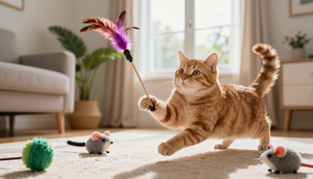 A playful scene depicting a domestic cat engaged in active playfulness in a cozy living room. The foreground shows a fluffy ginger tabby cat, mid-pounce, paws outstretched, and eyes wide with excitement, capturing its joyful energy. In the middle ground, a variety of colorful toys—feather wands, balls, and plush mice—are scattered around, enticing the cat. The background features a warm, inviting setting with a sunny window, soft curtains fluttering, and houseplants adding a touch of greenery. The lighting is soft and natural, streaming in from the window, creating a serene yet lively atmosphere. The overall mood is cheerful and stimulating, emphasizing the importance of play and mental well-being for a cat's happiness at home.