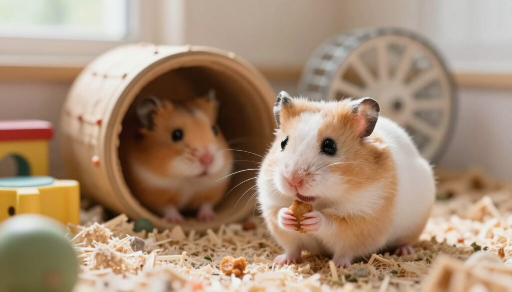 A serene and adorable scene showcasing various species of hamsters in a cozy, inviting environment. In the foreground, highlight a gentle, fluffy Syrian hamster, peacefully sitting on a bed of soft bedding, with its paws delicately holding a small treat. In the middle ground, feature a curious dwarf hamster peeking from a tunnel, with its round eyes full of wonder. The background should depict a miniature habitat with colorful toys and a wheel, softly lit by warm, natural sunlight coming through a window, creating a calm and nurturing atmosphere. Use a slight depth of field to keep the focus on the hamsters while blurring the background just enough to maintain their charm and engage the viewer.