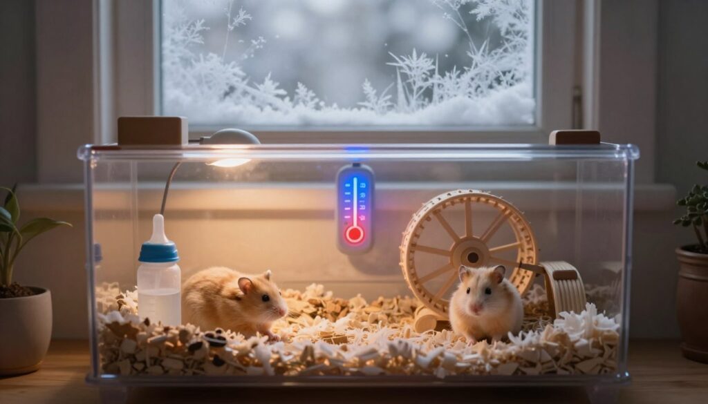 A serene and cozy indoor environment depicting the concept of ambient temperature affecting small pets, like hamsters. In the foreground, a stylish hamster enclosure with a soft, warm light illuminating the space. Include a cozy bedding area, a small water bottle, and an ornate wheel, evoking comfort and warmth. The middle ground features a gentle temperature gauge softly glowing in hues of blue and red, indicating a comfortable range. The background shows a window with frost patterns, illustrating the cold outside environment. The atmosphere feels calm and inviting, emphasizing the contrast between the warm indoor space and the chilling outside, with soft, diffused lighting mimicking early morning sunlight filtering through the window. A serene and cozy indoor environment depicting the concept of ambient temperature affecting small pets, like hamsters. In the foreground, a stylish hamster enclosure with a soft, warm light illuminating the space. Include a cozy bedding area, a small water bottle, and an ornate wheel, evoking comfort and warmth. The middle ground features a gentle temperature gauge softly glowing in hues of blue and red, indicating a comfortable range. The background shows a window with frost patterns, illustrating the cold outside environment. The atmosphere feels calm and inviting, emphasizing the contrast between the warm indoor space and the chilling outside, with soft, diffused lighting mimicking early morning sunlight filtering through the window.