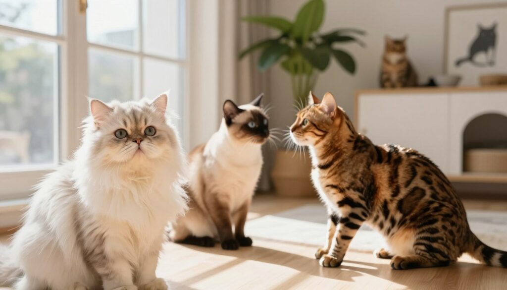 A serene and elegant setting showcasing a variety of purebred cats in a cozy indoor environment. In the foreground, feature a majestic Persian cat, its luxurious fur glistening in the soft, warm light of a nearby window. In the middle ground, place a playful Siamese cat and a sleek Bengal cat, engaging in friendly interaction. The background reveals a stylish, well-lit room with cat-themed decor and a lush indoor plant, adding depth and vibrancy to the scene. The image captures a peaceful afternoon ambiance, with natural sunlight streaming through the window, casting gentle shadows and highlighting the beauty and diversity of these breeds. Aim for a soft focus with a shallow depth of field to enhance the warmth and intimacy of the moment.