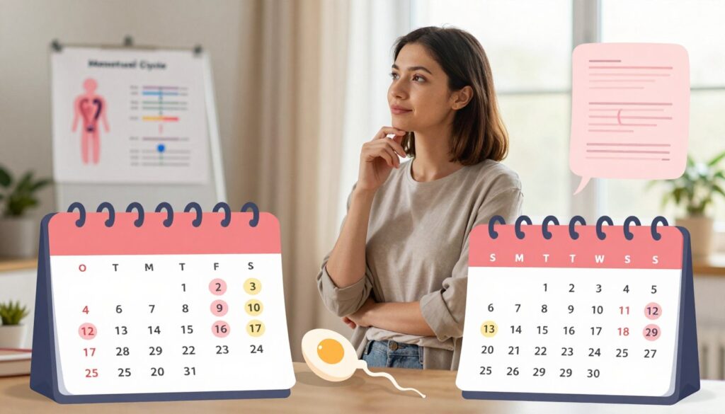 A serene and informative illustration depicting a woman's menstrual cycle and fertility planning. In the foreground, a stylized calendar with highlighted days representing ovulation and fertile windows, accompanied by subtle icons of eggs and sperm. In the middle ground, a professional woman in modest casual attire is engaged in thoughtful reflection, surrounded by educational materials like charts and diagrams. The background features a soft, warm light filtering through a window, creating a calm and focused atmosphere. Use a soft-focus lens effect to emphasize the woman and the calendar, while the overall mood remains uplifting and empowering, showcasing the importance of preparation and knowledge in family planning. A serene and informative illustration depicting a woman's menstrual cycle and fertility planning. In the foreground, a stylized calendar with highlighted days representing ovulation and fertile windows, accompanied by subtle icons of eggs and sperm. In the middle ground, a professional woman in modest casual attire is engaged in thoughtful reflection, surrounded by educational materials like charts and diagrams. The background features a soft, warm light filtering through a window, creating a calm and focused atmosphere. Use a soft-focus lens effect to emphasize the woman and the calendar, while the overall mood remains uplifting and empowering, showcasing the importance of preparation and knowledge in family planning.