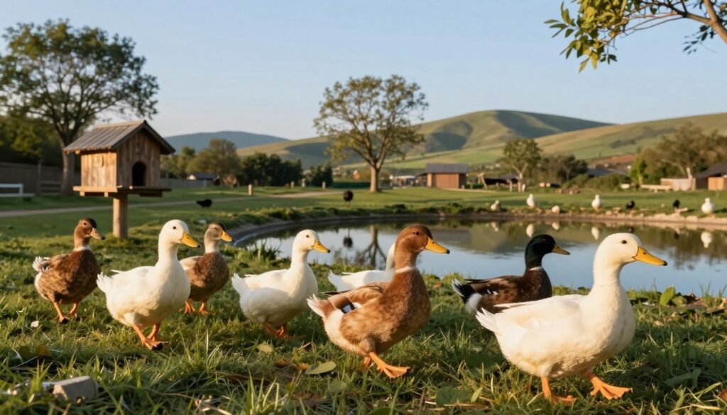 A serene farm setting featuring a group of domestic ducks (kaczek domowych) in various poses, showcasing their vibrant plumage. In the foreground, focus on a few ducks waddling along a grassy area, featuring a mix of colors from white to brown. The middle ground includes a small pond with reflections of nearby trees and a rustic wooden duck house, emphasizing their natural habitat. In the background, gentle rolling hills under a clear blue sky create a calm atmosphere. The lighting is warm and inviting, reminiscent of a late afternoon sun, casting soft shadows. The image captures a peaceful and nurturing environment, highlighting the care and conditions that influence the longevity of domestic ducks. A serene farm setting featuring a group of domestic ducks (kaczek domowych) in various poses, showcasing their vibrant plumage. In the foreground, focus on a few ducks waddling along a grassy area, featuring a mix of colors from white to brown. The middle ground includes a small pond with reflections of nearby trees and a rustic wooden duck house, emphasizing their natural habitat. In the background, gentle rolling hills under a clear blue sky create a calm atmosphere. The lighting is warm and inviting, reminiscent of a late afternoon sun, casting soft shadows. The image captures a peaceful and nurturing environment, highlighting the care and conditions that influence the longevity of domestic ducks.