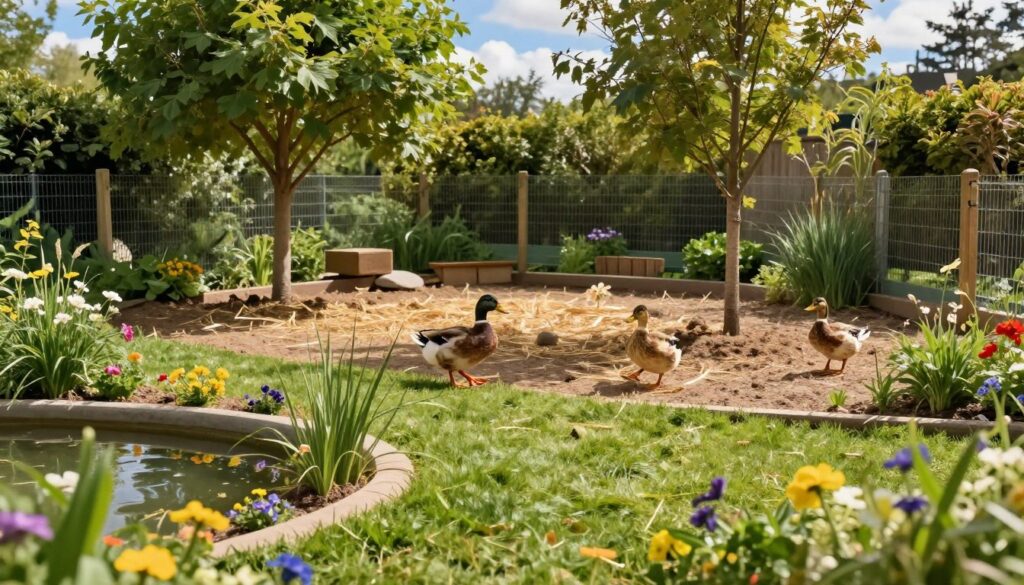 A serene garden scene showcasing a well-prepared duck habitat for running ducks. In the foreground, a vibrant green lawn with a small duck pond and patches of colorful wildflowers. Middle ground features a fenced area with soft, earthy soil, scattered with straw, and shaded by leafy trees. A couple of running ducks are happily waddling around, exploring their charming environment. The background displays a sunny blue sky with fluffy clouds, adding to the cheerful atmosphere. Soft, natural light enhances the lushness of the garden, while warm tones evoke a sense of tranquility and care. The perspective is slightly elevated, providing a wide view of the entire setting, emphasizing the ducks' playful nature and the inviting space designed just for them.