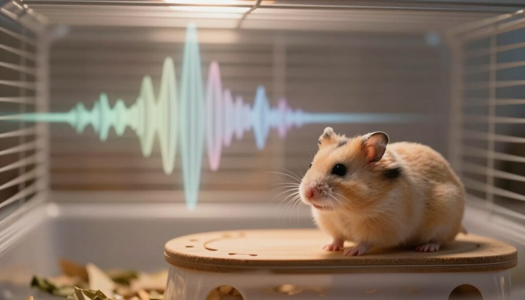 A serene indoor environment featuring a small hamster inside its cage, focused on the concept of sound perception. In the foreground, the hamster with soft fur is perched on a designer platform, ears perked up, capturing subtle nuances of sound. The middle ground showcases various acoustic elements like sound waves visualized in soft, ethereal colors radiating from a hidden source. The background depicts a dimly lit room with soft, warm lighting, creating a tranquil atmosphere. The angle is slightly low, emphasizing the hamster's attentive posture and the intriguing aspect of unseen vibrations in the air. Overall, the image conveys a sense of curiosity and wonder about the auditory world that influences the hamster's behavior in its habitat.