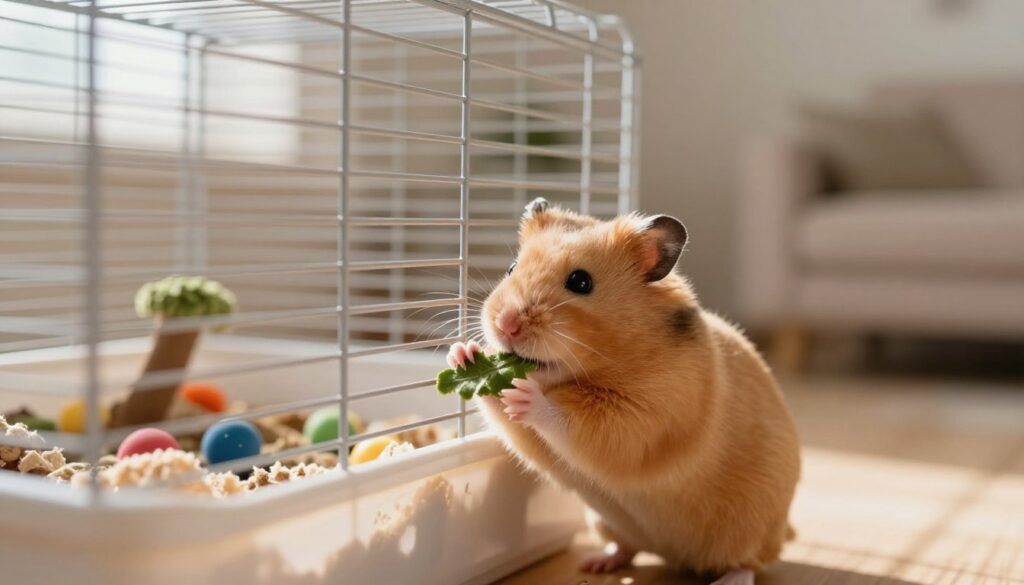 A serene indoor scene featuring a golden brown Dzungarian hamster reaching through the bars of a small wire cage. The foreground shows the hamster's tiny paw gently touching the bars, with a green leafy treat in its other paw. In the middle ground, the cage is adorned with soft bedding and colorful chew toys, emphasizing a playful environment. The background includes a softly lit room with a blurred view of a cozy chair and a warm, welcoming atmosphere. Natural light filters through a nearby window, casting soft shadows across the scene. The mood is calm and inviting, perfect for illustrating the gentle bond between a pet and its owner, showcasing the theme of introducing the hamster to human interaction safely.