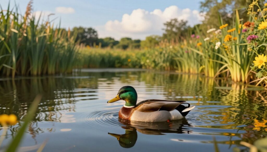 A serene landscape featuring a tranquil pond surrounded by lush vegetation, illustrating the habitat of a duck. In the foreground, a healthy, vibrant duck is floating gracefully on the water, its feathers glistening under the warm sunlight. The middle ground shows gentle ripples in the water, reflecting the blue sky and a few fluffy clouds. In the background, reeds and wildflowers frame the scene, while softly blurred trees give an impression of a healthy ecosystem. The lighting is golden, suggesting late afternoon, casting a warm glow across the scene, enhancing the feeling of peace and vitality. The overall mood is idyllic and harmonious, capturing the essence of the factors influencing a duck's lifespan. A serene landscape featuring a tranquil pond surrounded by lush vegetation, illustrating the habitat of a duck. In the foreground, a healthy, vibrant duck is floating gracefully on the water, its feathers glistening under the warm sunlight. The middle ground shows gentle ripples in the water, reflecting the blue sky and a few fluffy clouds. In the background, reeds and wildflowers frame the scene, while softly blurred trees give an impression of a healthy ecosystem. The lighting is golden, suggesting late afternoon, casting a warm glow across the scene, enhancing the feeling of peace and vitality. The overall mood is idyllic and harmonious, capturing the essence of the factors influencing a duck's lifespan.