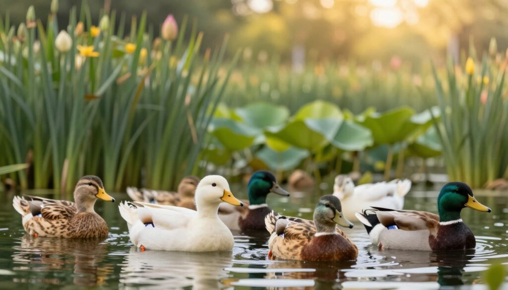 A serene pond scene featuring a variety of domestic ducks resting peacefully on the water's surface. In the foreground, several vibrant ducks of different breeds such as Pekin, Khaki Campbell, and Indian Runner are visible, showcasing their unique plumage and expressions. The middle ground features lush, green reeds and flowering water plants that enhance the natural habitat of the ducks. In the background, a soft, golden light filters through the trees, casting a warm glow over the entire scene, creating a tranquil atmosphere. The focus is sharp on the ducks, with a slight bokeh effect on the surrounding foliage. This idyllic setting conveys the message of longevity and care in duck raising, portraying a peaceful coexistence with nature. A serene pond scene featuring a variety of domestic ducks resting peacefully on the water's surface. In the foreground, several vibrant ducks of different breeds such as Pekin, Khaki Campbell, and Indian Runner are visible, showcasing their unique plumage and expressions. The middle ground features lush, green reeds and flowering water plants that enhance the natural habitat of the ducks. In the background, a soft, golden light filters through the trees, casting a warm glow over the entire scene, creating a tranquil atmosphere. The focus is sharp on the ducks, with a slight bokeh effect on the surrounding foliage. This idyllic setting conveys the message of longevity and care in duck raising, portraying a peaceful coexistence with nature.