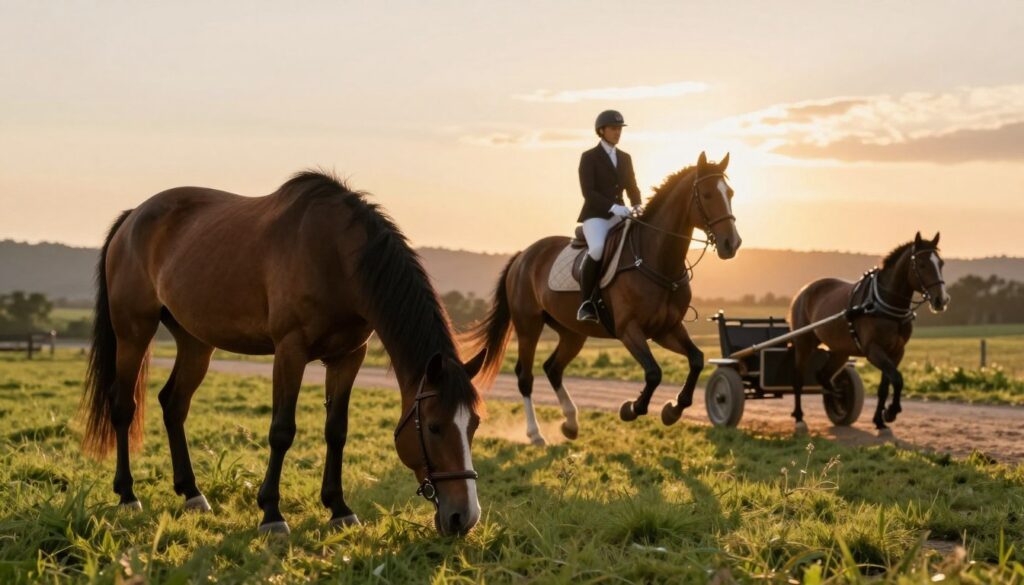 A serene ranch scene showcasing three horses in different settings to illustrate their lifespan based on usage. In the foreground, a relaxed horse grazes peacefully in a lush green pasture, symbolizing recreational use. In the middle, an athletic horse competes in an equestrian sport, demonstrating agility and strength, adorned with a saddle and rider in professional attire. In the background, a hard-working horse pulls a cart along a dirt path under a setting sun, emphasizing its dedication. The lighting is warm and golden, casting long shadows to evoke a nostalgic mood, while the angle captures the horses in dynamic poses against a softly blurred backdrop of rolling hills and a vibrant sky.