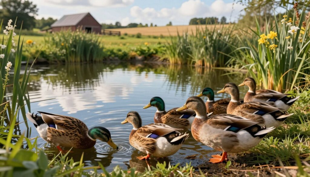 A serene rural scene depicting ducks drinking water from a clean, clear pond surrounded by lush greenery. In the foreground, a group of healthy domestic ducks with vibrant plumage gently waddles towards the water. In the middle, the pond reflects the blue sky and fluffy white clouds, with reeds and wildflowers framing the edges. In the background, a soft-focus view of a quaint barn and open fields under warm, golden sunlight creates a tranquil atmosphere. The lighting is soft and natural, highlighting the textures of the ducks' feathers and the glistening water. Capture the essence of nurturing care for these animals, evoking a sense of peace and responsibility in their habitat. A serene rural scene depicting ducks drinking water from a clean, clear pond surrounded by lush greenery. In the foreground, a group of healthy domestic ducks with vibrant plumage gently waddles towards the water. In the middle, the pond reflects the blue sky and fluffy white clouds, with reeds and wildflowers framing the edges. In the background, a soft-focus view of a quaint barn and open fields under warm, golden sunlight creates a tranquil atmosphere. The lighting is soft and natural, highlighting the textures of the ducks' feathers and the glistening water. Capture the essence of nurturing care for these animals, evoking a sense of peace and responsibility in their habitat.