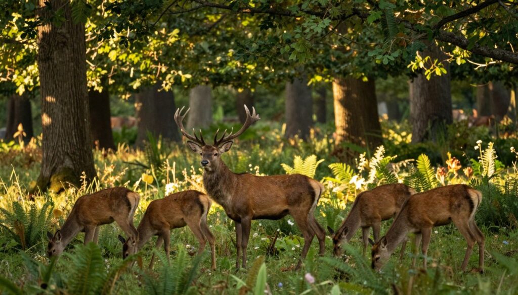 A serene scene depicting the lifestyle of deer in a lush forest habitat. In the foreground, a majestic stag stands alert, its antlers grand and impressive, surrounded by a couple of does grazing peacefully on green foliage. In the midground, dappled sunlight filters through the trees, casting soft patterns on the forest floor teeming with wildflowers and ferns. The background showcases a dense, vibrant forest with tall trees, creating a sense of depth and tranquility. The atmosphere is calm and natural, evoking a sense of harmony as the deer interact with their environment. The lighting is warm, capturing the essence of a late afternoon, and the angle is slightly elevated, offering a panoramic view of the scene.
