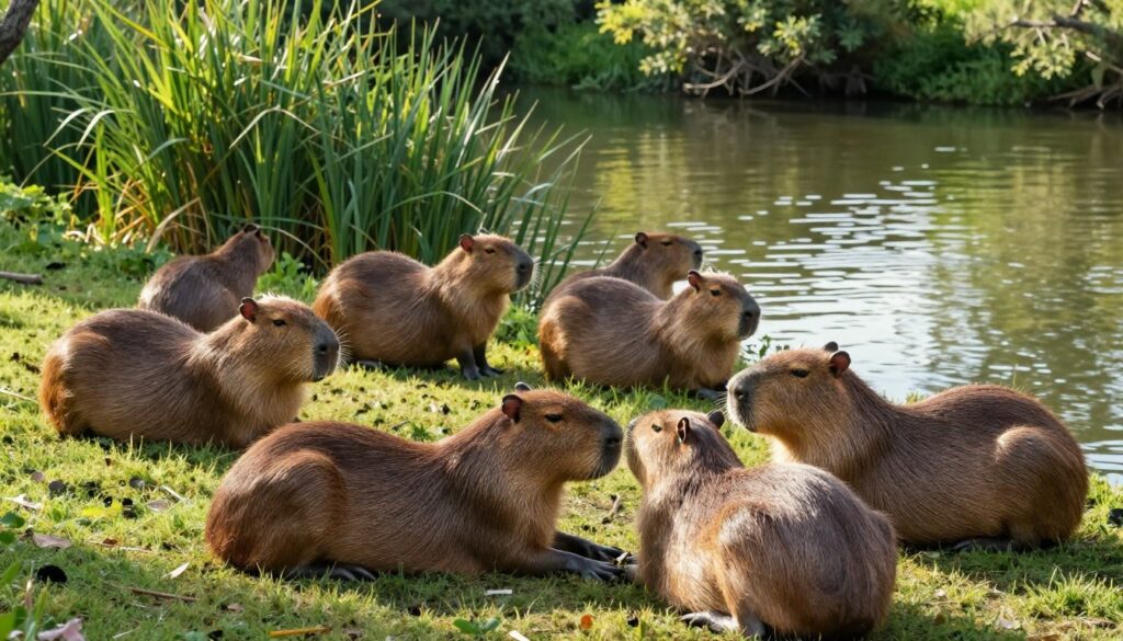 A serene scene of a large group of capybaras gathered near a tranquil riverbank, showcasing their social nature. In the foreground, several capybaras are lounging on the grass, with one playfully interacting with another. The middle section captures a few capybaras foraging together, highlighting their strong bonds. The background features lush greenery, tall reeds, and the gentle movement of water, creating a peaceful environment. The scene is illuminated by warm, soft sunlight filtering through the trees, casting gentle shadows on the ground. This inviting atmosphere conveys a sense of community and belonging among these animals, emphasizing the importance of social interactions in their lives.
