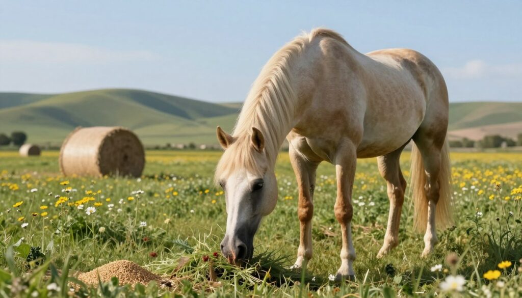 A serene scene of an Arabian horse peacefully grazing in a lush, green pasture filled with wildflowers. The horse, with its distinctive light tan coat and flowing mane, represents grace and vitality. In the foreground, a close-up of the horse nibbling on nutritious forage, like fresh grass and herbs, emphasizing its balanced diet. The middle ground features hay bales and a scattered assortment of grains, highlighting the essential elements of an Arabian horse's diet. The background showcases rolling hills under a clear blue sky, with soft sunlight illuminating the scene, creating a warm and calming atmosphere. The mood is tranquil and nurturing, symbolizing the connection between diet and longevity in Arabian horses. A serene scene of an Arabian horse peacefully grazing in a lush, green pasture filled with wildflowers. The horse, with its distinctive light tan coat and flowing mane, represents grace and vitality. In the foreground, a close-up of the horse nibbling on nutritious forage, like fresh grass and herbs, emphasizing its balanced diet. The middle ground features hay bales and a scattered assortment of grains, highlighting the essential elements of an Arabian horse's diet. The background showcases rolling hills under a clear blue sky, with soft sunlight illuminating the scene, creating a warm and calming atmosphere. The mood is tranquil and nurturing, symbolizing the connection between diet and longevity in Arabian horses.