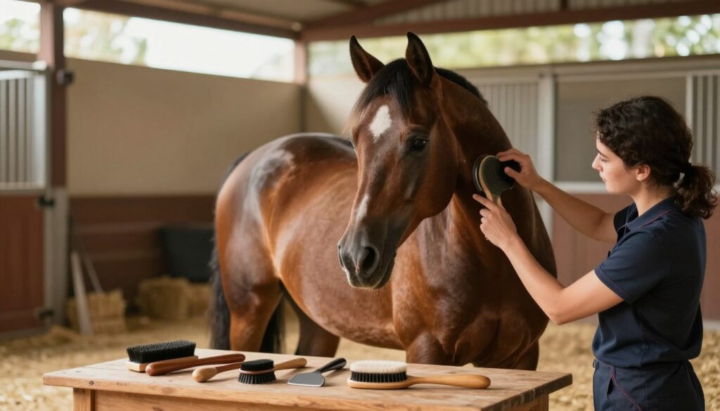 A serene scene showcasing the care and grooming of an Arabian horse. In the foreground, a gentle horse owner, dressed in professional attire, lovingly brushes the glossy coat of a magnificent Arabian horse, highlighting its unique features such as the distinctive dished face and high tail carriage. In the middle ground, various grooming tools—like brushes and hoof picks—are thoughtfully arranged on a wooden table. The background features a lush stable filled with soft hay and sunlight streaming through open doors, illuminating the warm atmosphere. The overall mood is calm and nurturing, emphasizing the importance of dedicated care in extending the lifespan of these majestic animals. The composition is captured with a soft focus and warm lighting to evoke a sense of tranquility and affection. A serene scene showcasing the care and grooming of an Arabian horse. In the foreground, a gentle horse owner, dressed in professional attire, lovingly brushes the glossy coat of a magnificent Arabian horse, highlighting its unique features such as the distinctive dished face and high tail carriage. In the middle ground, various grooming tools—like brushes and hoof picks—are thoughtfully arranged on a wooden table. The background features a lush stable filled with soft hay and sunlight streaming through open doors, illuminating the warm atmosphere. The overall mood is calm and nurturing, emphasizing the importance of dedicated care in extending the lifespan of these majestic animals. The composition is captured with a soft focus and warm lighting to evoke a sense of tranquility and affection.