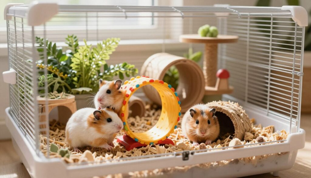 A spacious and safe hamster cage showcases a cozy environment for Syrian hamsters. In the foreground, two furry Syrian hamsters explore their habitat, one climbing on a colorful wheel while the other burrows in soft bedding. The middle section includes natural features like wooden tunnels, chew toys, and climbing structures surrounded by fresh greens. The background displays a well-lit room with gentle, warm sunlight filtering through a nearby window, creating an inviting atmosphere. The cage's details highlight safety features like secure locks and smooth edges. The overall mood is cheerful and vibrant, emphasizing the importance of a nurturing space that supports the longevity and health of pet hamsters.