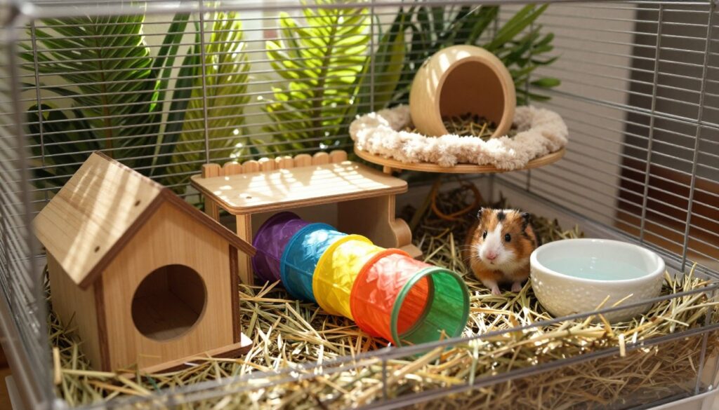 A spacious hamster cage filled with a variety of well-designed accessories and toys that promote health and well-being of dwarf hamsters. In the foreground, showcase a wooden chew house and colorful tunnels, all crafted from safe, natural materials. In the middle, include a multi-level platform with soft bedding, natural foraging materials like hay, and water and food dishes made of ceramic. In the background, depict a lush, green environment with a natural light source filtering through, casting soft shadows within the cage. The atmosphere is warm and inviting, emphasizing a healthy, vibrant habitat for the hamsters. The scene is set at an angle that highlights the interior depth of the cage, making it feel spacious and homely. No text or overlays are present. A spacious hamster cage filled with a variety of well-designed accessories and toys that promote health and well-being of dwarf hamsters. In the foreground, showcase a wooden chew house and colorful tunnels, all crafted from safe, natural materials. In the middle, include a multi-level platform with soft bedding, natural foraging materials like hay, and water and food dishes made of ceramic. In the background, depict a lush, green environment with a natural light source filtering through, casting soft shadows within the cage. The atmosphere is warm and inviting, emphasizing a healthy, vibrant habitat for the hamsters. The scene is set at an angle that highlights the interior depth of the cage, making it feel spacious and homely. No text or overlays are present.