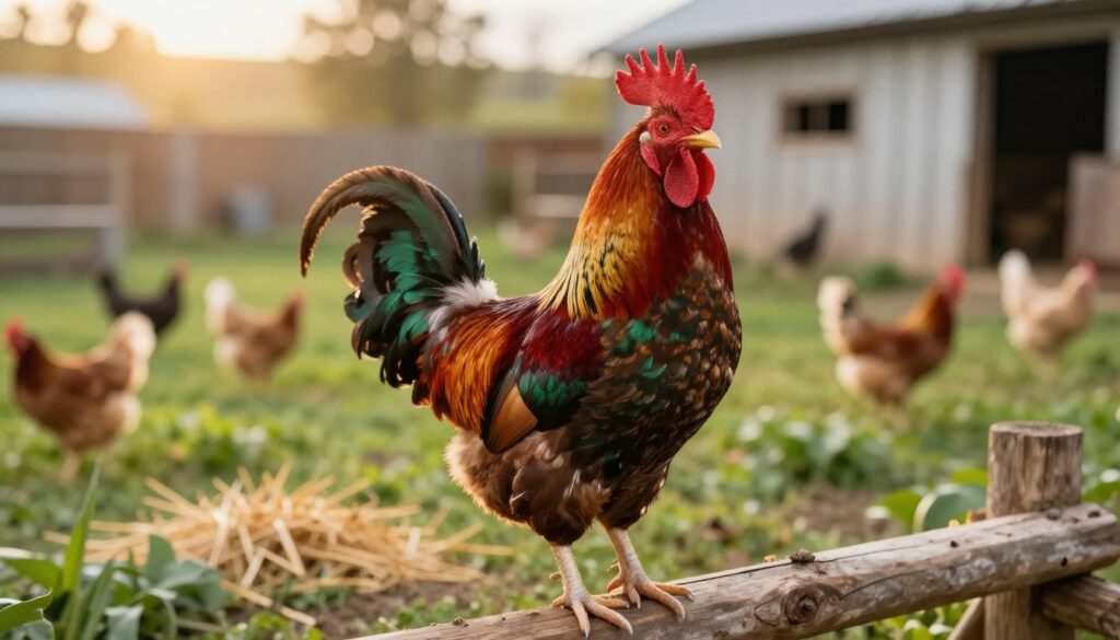 A stunning close-up of a "rasa koguty" (Polish rooster) showcasing its vibrant plumage in rich shades of red, gold, and green, displaying the intricate patterns of its feathers. The rooster stands confidently on a rustic wooden perch in the foreground, with its proud crest and striking stance emphasizing its genetic beauty. In the middle ground, a lush green farmyard is visible, dotted with grains and soft straw that conveys a healthy environment. The background features a soft, blurred poultry barn under warm, golden sunlight, creating a tranquil and serene atmosphere. The image captures the essence of health and vitality, with gentle shadows adding depth. The scene is vibrant, well-composed, shot with a shallow depth of field, evoking a sense of warmth and care for animal husbandry. A stunning close-up of a "rasa koguty" (Polish rooster) showcasing its vibrant plumage in rich shades of red, gold, and green, displaying the intricate patterns of its feathers. The rooster stands confidently on a rustic wooden perch in the foreground, with its proud crest and striking stance emphasizing its genetic beauty. In the middle ground, a lush green farmyard is visible, dotted with grains and soft straw that conveys a healthy environment. The background features a soft, blurred poultry barn under warm, golden sunlight, creating a tranquil and serene atmosphere. The image captures the essence of health and vitality, with gentle shadows adding depth. The scene is vibrant, well-composed, shot with a shallow depth of field, evoking a sense of warmth and care for animal husbandry.