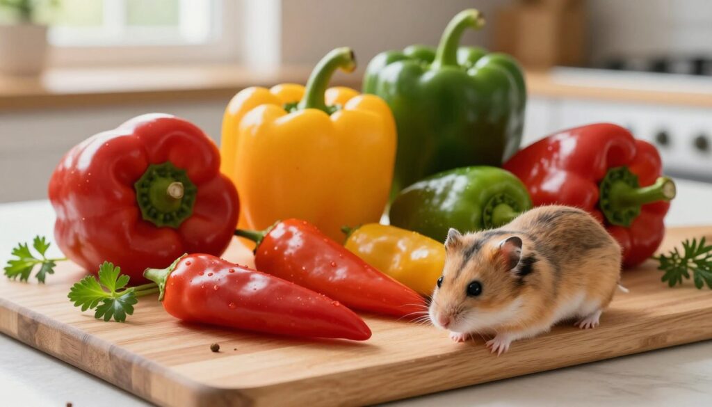 A vibrant and colorful array of various bell peppers on a wooden cutting board, with a small hamster curiously exploring the scene in the foreground. In the middle, showcase different types of peppers—red, yellow, and green—arranged artfully along with fresh herbs. In the background, a softly blurred kitchen setting with natural light streaming in through a window, creating a warm and inviting atmosphere. The focus should be sharp on the peppers and hamster, capturing the textures and hues in detail. Use a slightly overhead angle to give depth to the composition, highlighting the importance of bell peppers in a hamster's diet. The overall mood should be cheerful and educational, reflecting the theme of nutrition for small pets. A vibrant and colorful array of various bell peppers on a wooden cutting board, with a small hamster curiously exploring the scene in the foreground. In the middle, showcase different types of peppers—red, yellow, and green—arranged artfully along with fresh herbs. In the background, a softly blurred kitchen setting with natural light streaming in through a window, creating a warm and inviting atmosphere. The focus should be sharp on the peppers and hamster, capturing the textures and hues in detail. Use a slightly overhead angle to give depth to the composition, highlighting the importance of bell peppers in a hamster's diet. The overall mood should be cheerful and educational, reflecting the theme of nutrition for small pets.