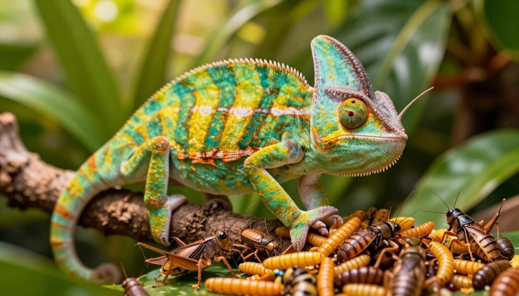 A vibrant and detailed close-up of a Yemen chameleon (Chamaeleo calyptratus) perched on a branch surrounded by an array of colorful edible insects, such as crickets and mealworms, showcasing a varied diet. The foreground features the chameleon's strikingly vivid green and yellow scales glistening under warm natural light, emphasizing its unique texture. In the middle, a lush habitat with tropical foliage provides a rich backdrop, incorporating shades of green and hints of other colors to depict a healthy environment. The background is softly blurred, suggesting a sun-drenched ecosystem. The mood is lively and educational, capturing the essence of proper chameleon nutrition. Use soft focus and natural lighting for a realistic and engaging look.