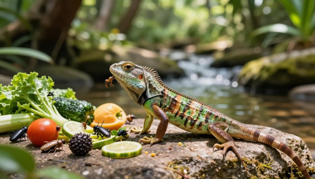 A vibrant and detailed close-up of a healthy lizard in a lush, natural setting, emphasizing its dietary habits. In the foreground, the lizard is perched on a rock, its scales glistening in the warm sunlight, reflecting rich greens and browns. Surrounding it, a variety of insects, vegetables, and fruits are artistically arranged to illustrate a balanced diet. In the middle ground, soft-focus foliage creates a natural habitat, while a gentle stream sparkles under dappled sunlight, enhancing the serene atmosphere. The background features blurred trees and plants, suggesting a thriving ecosystem. The image should have bright, natural lighting, with a slight bokeh effect to create depth, capturing the essence of a lizard's diet and the elements that contribute to its longevity in both the wild and captivity.