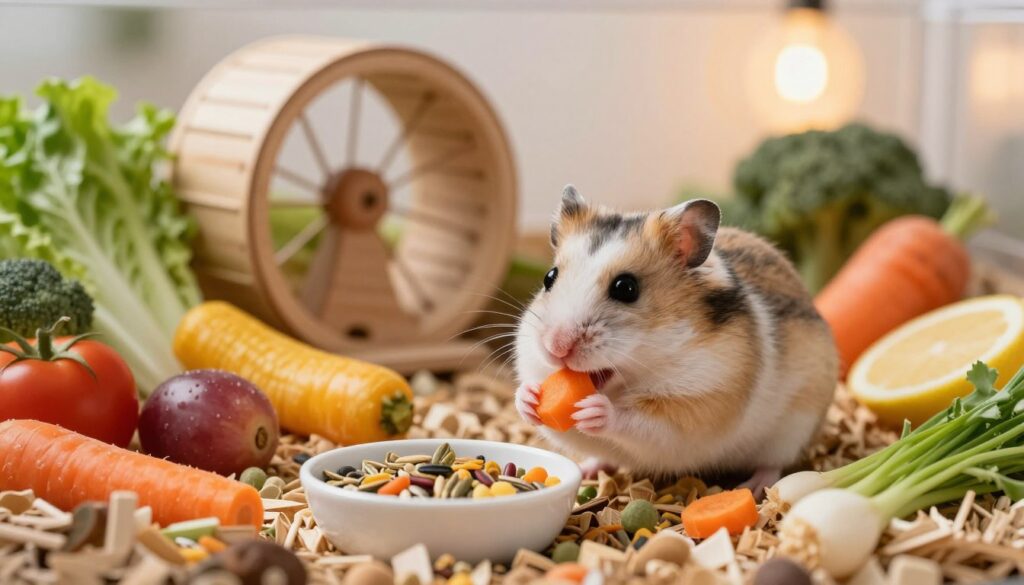 A vibrant and detailed scene depicting a happy hamster sitting in a cozy, well-furnished habitat filled with an assortment of fresh vegetables and healthy hamster food. In the foreground, the hamster is nibbling on a piece of carrot, with a small bowl of seeds and colorful fruits nearby. The middle ground features a comfortable bedding of natural materials, with a small wooden exercise wheel and toys to enhance the hamster's environment. In the background, there are soft, warm lighting accents that create a safe and inviting atmosphere. The overall mood should convey health and happiness, suitable for illustrating proper hamster care and diet. The image should have a clear, bright focus, emphasizing the hamster's joyful expression. A vibrant and detailed scene depicting a happy hamster sitting in a cozy, well-furnished habitat filled with an assortment of fresh vegetables and healthy hamster food. In the foreground, the hamster is nibbling on a piece of carrot, with a small bowl of seeds and colorful fruits nearby. The middle ground features a comfortable bedding of natural materials, with a small wooden exercise wheel and toys to enhance the hamster's environment. In the background, there are soft, warm lighting accents that create a safe and inviting atmosphere. The overall mood should convey health and happiness, suitable for illustrating proper hamster care and diet. The image should have a clear, bright focus, emphasizing the hamster's joyful expression.