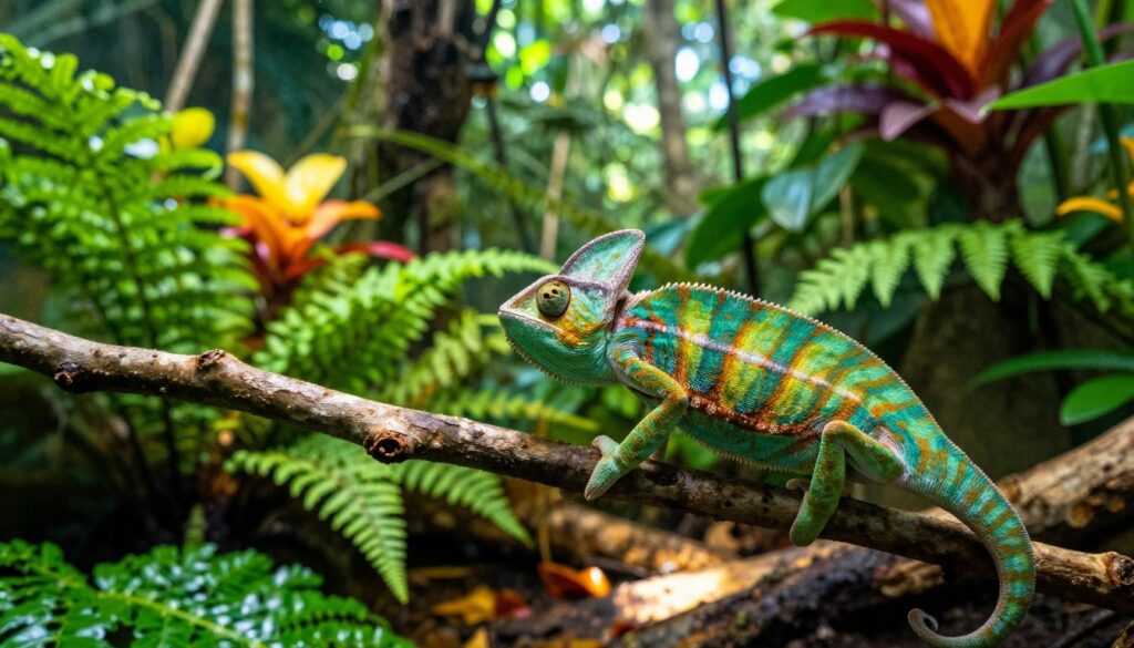 A vibrant and lush chameleon habitat in a tropical rainforest, showcasing a variety of leafy greens, colorful flowers, and textured branches. In the foreground, a close-up of a striking chameleon perched on a branch, displaying its vivid colors and intricate skin patterns. The middle ground includes a mix of ferns and small plants, subtly blurred to draw focus to the chameleon. The background features softly diffused sunlight filtering through the dense canopy, creating dappled light and shadows on the ground. The atmosphere is serene and natural, emphasizing the tranquility of a chameleon's habitat, with hints of moisture in the air, enhancing the overall sense of a rich ecosystem. Shot with a shallow depth of field to highlight the subject beautifully.