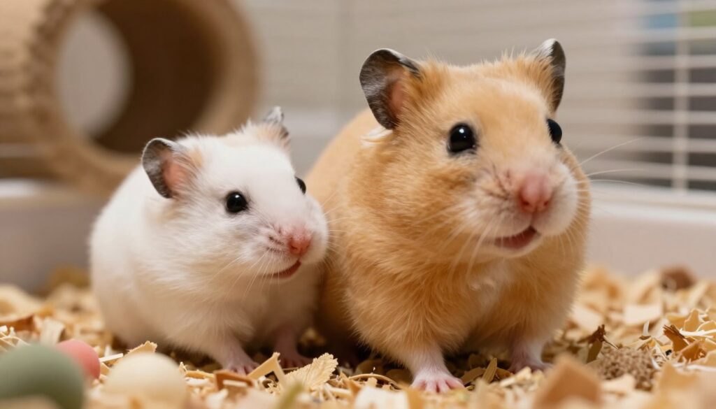 A vibrant close-up image of two hamsters, one male and one female, showcasing their distinct sexual characteristics. The male hamster has a larger build and pronounced features, while the female is smaller with a softer appearance. The focus should be on their underbellies to highlight the key differences in genitalia. The foreground shows their smooth, fluffy fur in shades of golden and white, while in the middle ground, a natural habitat created from wood shavings and small chew toys adds context. The background is softly blurred, depicting a cozy cage environment with gentle, warm lighting to create an inviting atmosphere. Capture this scene from a low angle, emphasizing the hamsters' curious expressions, conveying a sense of playfulness and warmth.