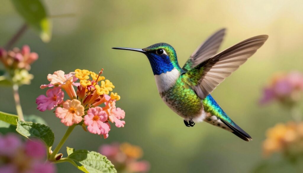A vibrant, detailed illustration of a hummingbird, known as "koliberek," depicted in its natural habitat. In the foreground, a striking, iridescent hummingbird hovers gracefully in mid-air, its wings a blur of motion, showcasing vivid colors like emerald green and sapphire blue. The middle layer features blooming, colorful flowers rich in nectar, emphasizing the bird's feeding habits. The background includes a soft focus of lush, green foliage, creating a serene atmosphere. The lighting is warm and golden, suggesting early morning sunlight filtering through the trees, adding a soft glow to the scene. The composition emphasizes the delicate yet dynamic nature of the hummingbird, highlighting its impressive size and adaptability in the wild, with a shallow depth of field to enhance focus on the bird.