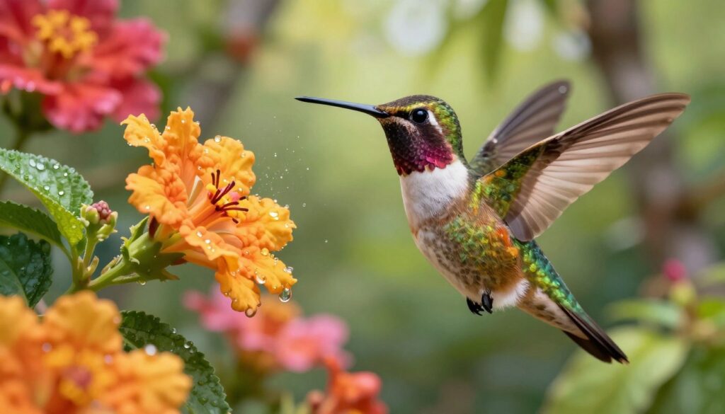 A vibrant, detailed illustration of a hummingbird, showcasing its extraordinary metabolic processes. In the foreground, depict the hummingbird in mid-flight, its wings a blur of motion, while its tiny heart is subtly visible through its translucent chest, highlighted to emphasize its rapid heartbeat. In the middle ground, capture a backdrop of colorful flowers, rich in nectar, with glistening droplets of sugar reflecting sunlight, symbolizing the bird's energy source. The background should feature a softly blurred tropical forest, adding depth and a sense of habitat. Use bright, natural lighting to evoke a warm, energetic atmosphere, with a shallow depth of field to keep focus on the hummingbird. Aim for a dynamic, lively composition that represents speed and the intense life of this remarkable creature.