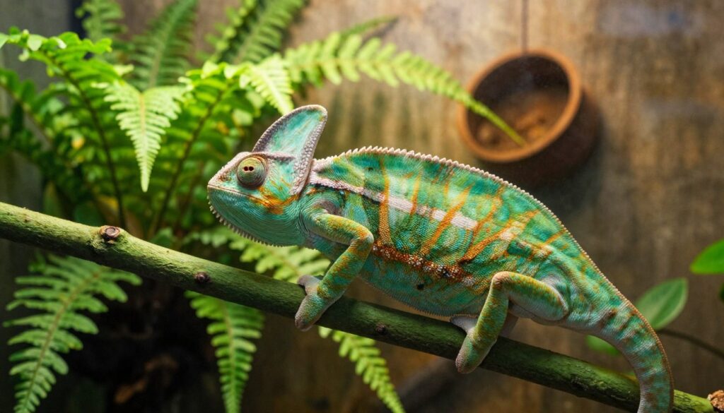 A vibrant, detailed image of a Chameleon's (Pokarm calyptratus) natural habitat, featuring the reptile perched gracefully on a lush green branch amidst a terrarium setting. The foreground captures the intricacies of the chameleon's textured skin, showcasing its vivid greens and subtle blues under soft, diffused lighting. In the middle ground, an array of terrarium plants, including ferns and tropical leaves, enhances the natural environment, while the background suggests warm, ambient light filtering through mist, creating a serene atmosphere. The overall mood should evoke a sense of tranquility and care, indicative of the ideal conditions for nurturing a chameleon, captured at an angle that emphasizes both the creature and its habitat.