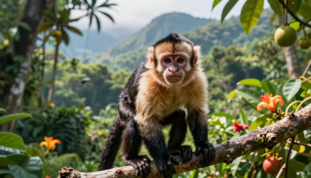 A vibrant, lively scene featuring a capuchin monkey in its natural habitat, showcasing its inquisitive nature and healthy lifestyle. The foreground meticulously displays the monkey perched on a branch, with a sleek, shiny coat reflecting sunlight, expressing a sense of vitality. In the middle ground, a lush jungle environment features diverse green foliage, colorful flowers, and fruits, illustrating the rich biodiversity that supports the monkey's health. The background reveals distant mountains shrouded in mist, adding depth and a sense of wilderness. Soft, dappled sunlight filters through the leaves, casting gentle shadows, creating an atmosphere of tranquility and exploration. The angle captures the monkey looking curiously towards the viewer, inviting engagement and connection with its playful spirit in this vibrant ecosystem.