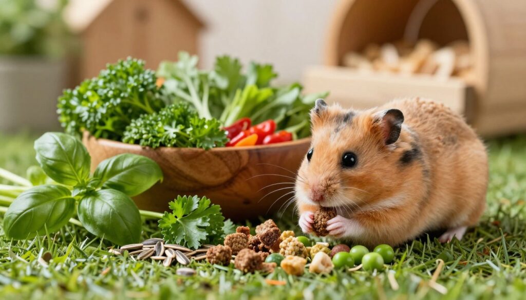 A vibrant, lush scene featuring a healthy hamster nibbling on an assortment of colorful herbs and protein-rich treats. In the foreground, the hamster has fluffy fur, bright eyes, and is surrounded by fresh basil, parsley, and small protein snacks like sunflower seeds and peas. The middle ground displays a wooden bowl filled with a variety of zesty herbs, with a soft green grass base. In the background, a cozy cage setting includes natural wood structures and soft bedding. Soft, natural lighting filters through the scene, creating a warm, inviting atmosphere. The image should evoke a sense of health and vitality, showcasing a balanced diet for hamsters while highlighting the herbs and protein sources.