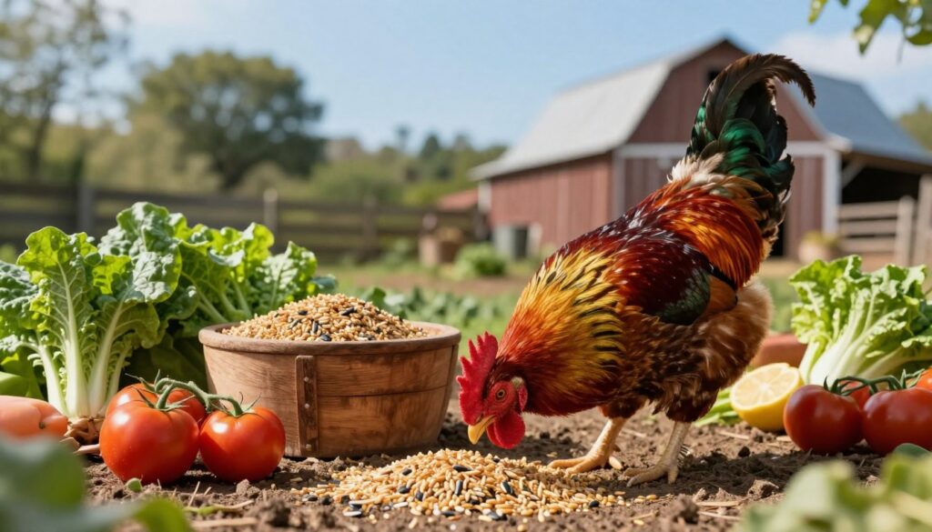 A vibrant rural scene depicting a rooster in a lush farmyard, showcasing its daily nutrition. In the foreground, the rooster, rich with iridescent feathers in shades of red, gold, and green, pecks at a mixture of grains and seeds spread across the ground. Surrounding it are colorful vegetables, like leafy greens and ripe tomatoes, symbolizing a balanced diet. In the middle ground, a rustic wooden feed container is filled with high-quality feed. The background features a sunlit barn and a clear blue sky, creating a warm, inviting atmosphere. Soft, natural lighting casts gentle shadows, highlighting the rooster's features and nutritious food. The scene evokes a sense of health and vitality, emphasizing the importance of proper nutrition for the rooster's well-being and longevity. A vibrant rural scene depicting a rooster in a lush farmyard, showcasing its daily nutrition. In the foreground, the rooster, rich with iridescent feathers in shades of red, gold, and green, pecks at a mixture of grains and seeds spread across the ground. Surrounding it are colorful vegetables, like leafy greens and ripe tomatoes, symbolizing a balanced diet. In the middle ground, a rustic wooden feed container is filled with high-quality feed. The background features a sunlit barn and a clear blue sky, creating a warm, inviting atmosphere. Soft, natural lighting casts gentle shadows, highlighting the rooster's features and nutritious food. The scene evokes a sense of health and vitality, emphasizing the importance of proper nutrition for the rooster's well-being and longevity.