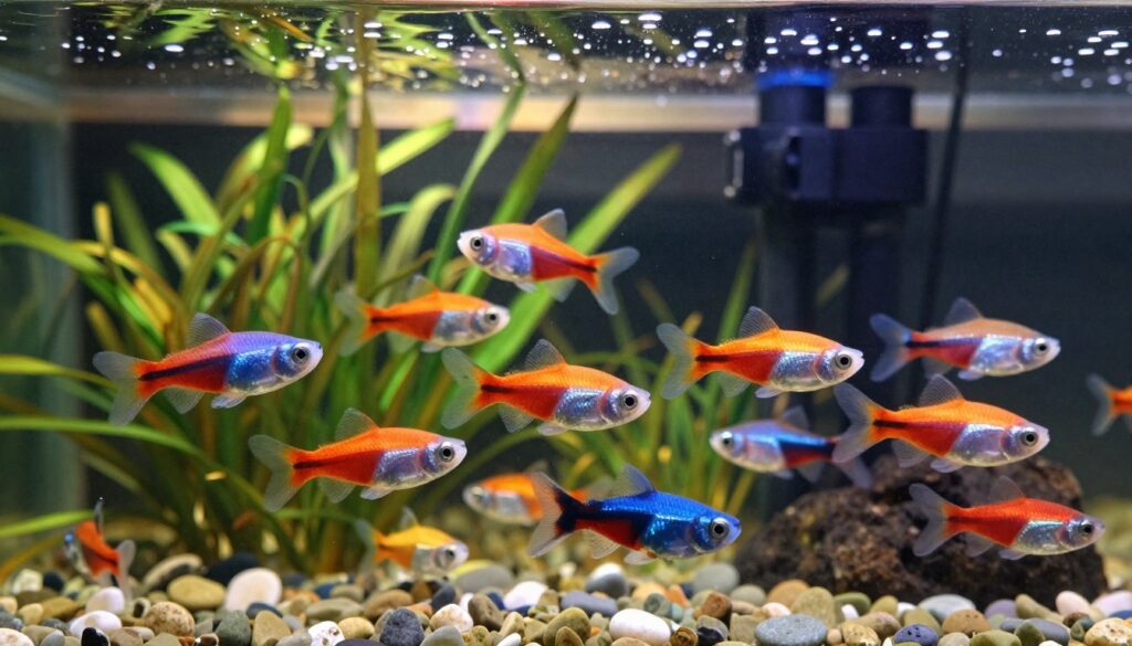 A vibrant underwater scene depicting a school of guppies in a lush aquarium setting. In the foreground, several colorful guppies, showcasing their unique patterns and tail shapes, swim energetically among soft plants and pebbles. In the middle ground, groups of guppies interact socially, demonstrating their natural behaviors like schooling and playful darting. The background features a gentle filtration system providing soft bubbles and warm lighting that creates a peaceful ambience. The aquarium is filled with a variety of aquatic plants, adding depth and texture. The lighting should mimic a daylight effect, illuminating the colors of the fish and plants harmoniously. The overall mood is calm and lively, reflecting a healthy environment conducive to guppy well-being. A vibrant underwater scene depicting a school of guppies in a lush aquarium setting. In the foreground, several colorful guppies, showcasing their unique patterns and tail shapes, swim energetically among soft plants and pebbles. In the middle ground, groups of guppies interact socially, demonstrating their natural behaviors like schooling and playful darting. The background features a gentle filtration system providing soft bubbles and warm lighting that creates a peaceful ambience. The aquarium is filled with a variety of aquatic plants, adding depth and texture. The lighting should mimic a daylight effect, illuminating the colors of the fish and plants harmoniously. The overall mood is calm and lively, reflecting a healthy environment conducive to guppy well-being.