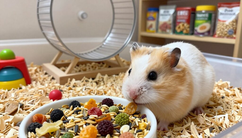 A visually appealing scene featuring a Syrian hamster in a cozy, well-lit setting. In the foreground, a plump, fluffy Syrian hamster sniffs curiously at a bowl overflowing with colorful hamster food, including seeds, grains, and dried fruit. The middle ground should showcase a vibrant pet habitat with natural wood shavings, small toys, and an exercise wheel, all bathed in soft, warm lighting that creates a welcoming atmosphere. In the background, a shelf lined with commercially packaged hamster food can be seen, hinting at the cost of keeping such a pet. The image should evoke a sense of joy and care, capturing the charm of owning a Syrian hamster while highlighting the dietary aspects. Use a slightly elevated angle for an engaging view.