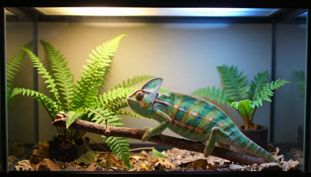 A well-lit temperature-controlled terrarium designed for a Yemeni chameleon, prominently featuring a basking area with a warm lamp radiating soft yellow light. In the foreground, a vibrant green chameleon clings to a branch, showcasing its textured skin. The middle of the terrarium displays various plants including ferns and vines, enhancing the natural habitat. In the background, subtle gradient lighting transitions from bright daytime hues at the top to cool nocturnal blues near the base. The atmosphere exudes a balanced environment, emphasizing the importance of light and heat settings for reptile care. The overall composition should convey tranquility and health for the chameleon.